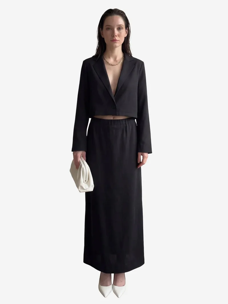 MY FASHION Black MY FASHION Long Sleeve Buttoned Top & Maxi Skirt Two Piece Set for Women | Best Price UAE